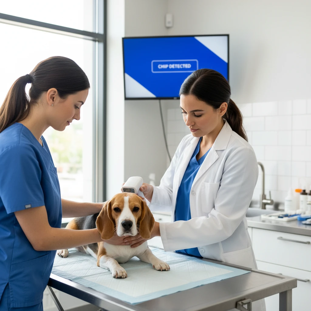 Veterinarian scanning a dog for a microchip to verify registration details