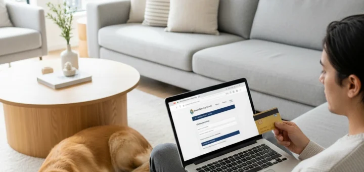 Person paying dog registration online Hamilton