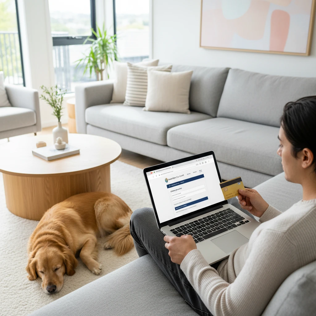 Person paying dog registration online Hamilton