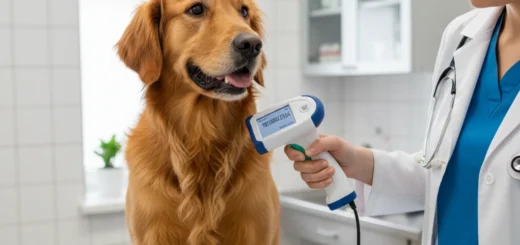 Veterinarian scanning a dog for a microchip