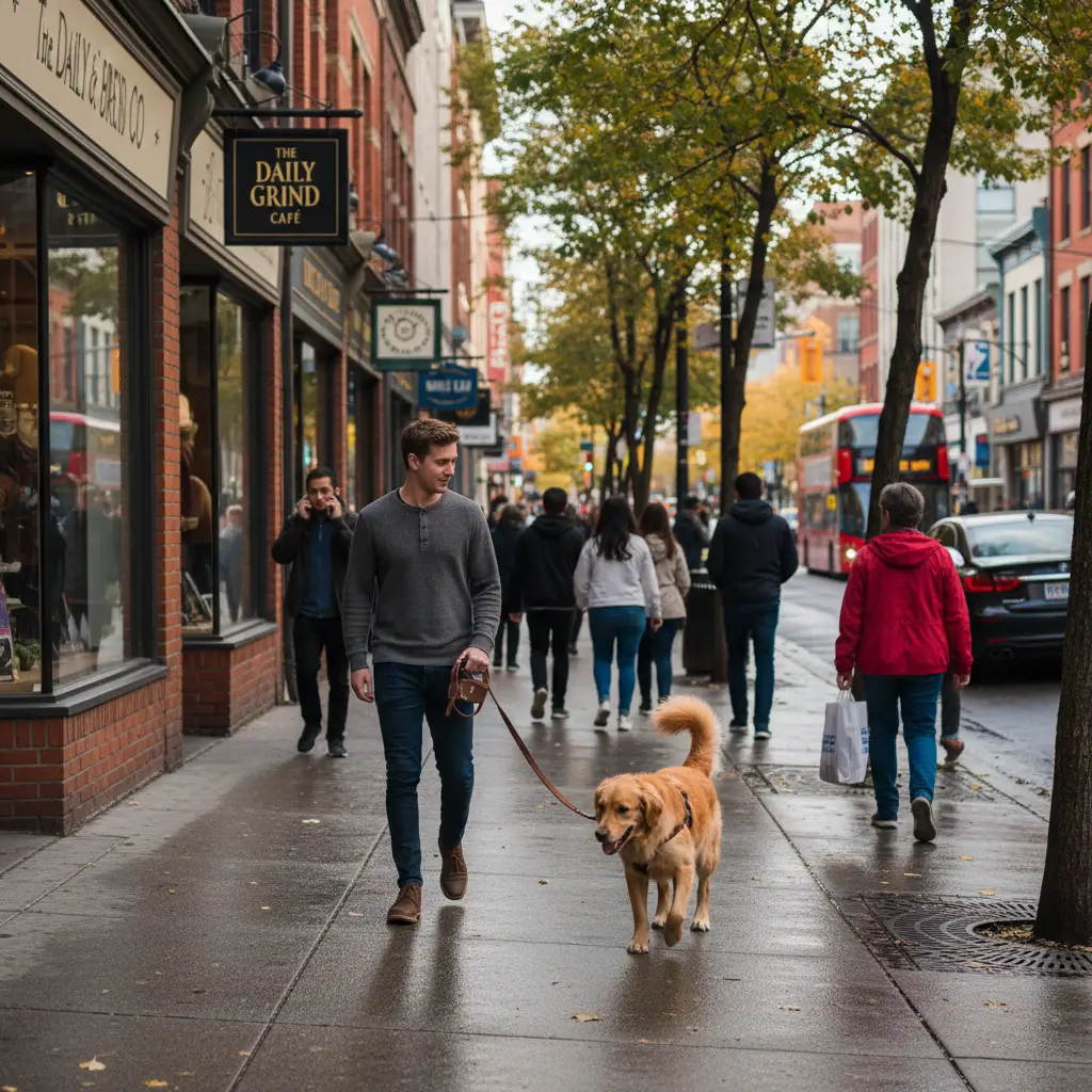 Dog walking on leash in Hamilton CBD