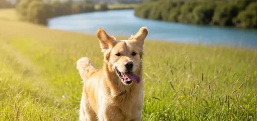 Golden Retriever running off-leash at a Hamilton dog park near the river