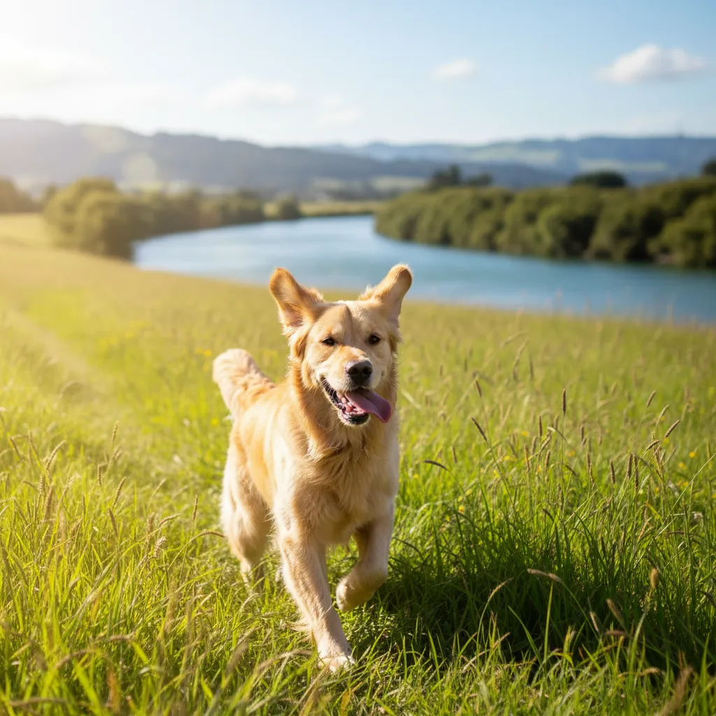 Golden Retriever running off-leash at a Hamilton dog park near the river