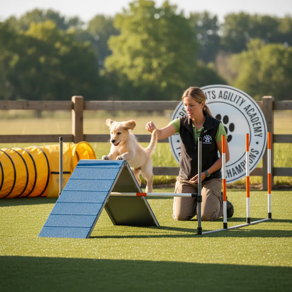 Puppy training in a fenced dog park in Hamilton